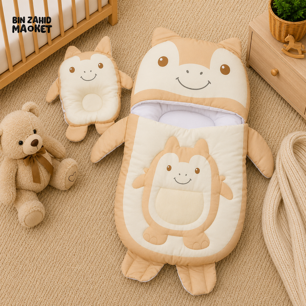 MONSTER DESIGN COTTON POLYESTER BABY SLEEPING BAG WITH MATCHING PILLOW - BEIGE