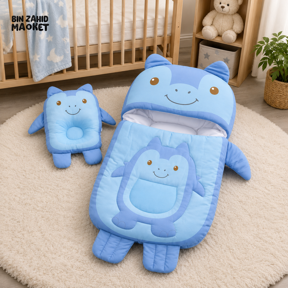 MONSTER DESIGN COTTON POLYESTER BABY SLEEPING BAG WITH MATCHING PILLOW - BLUE