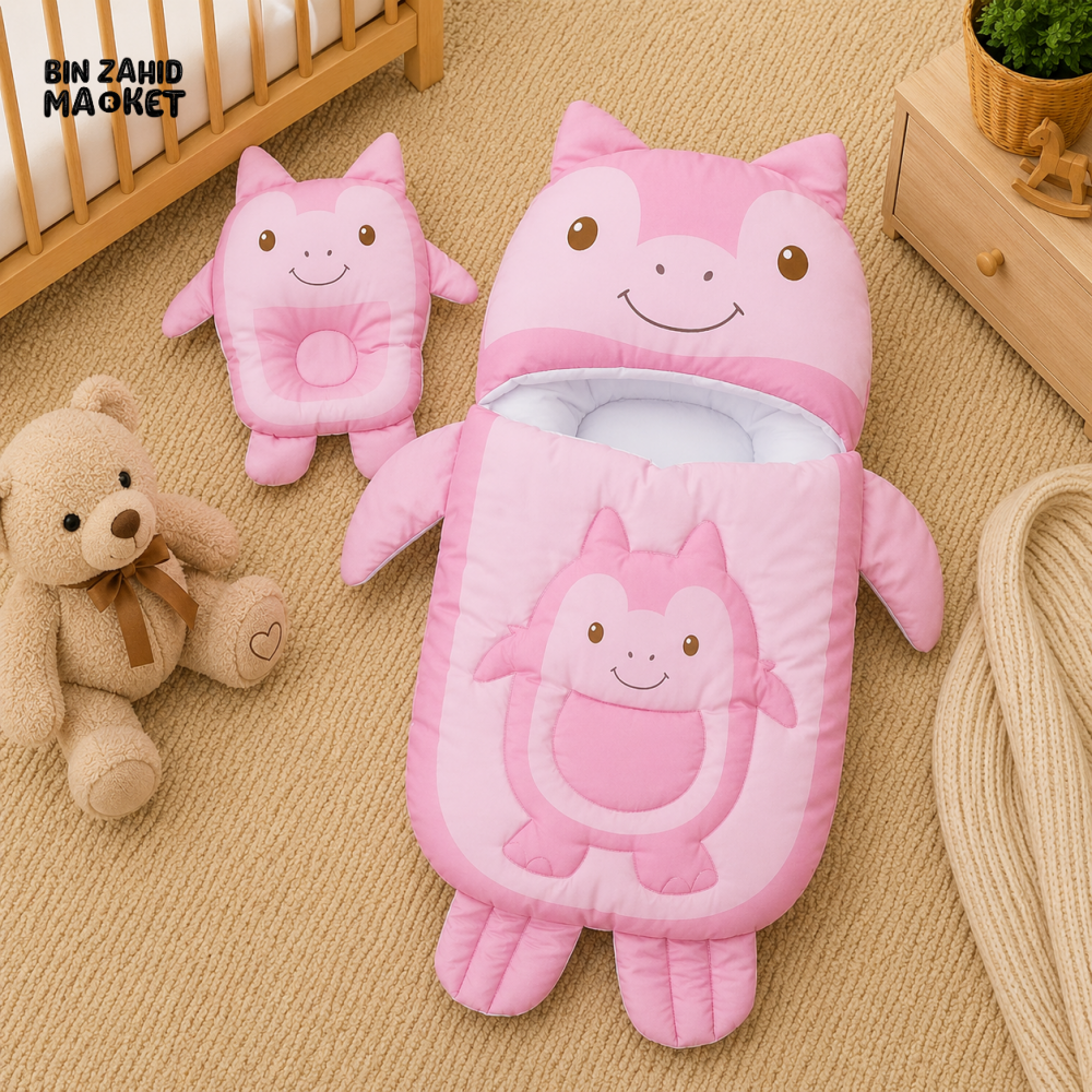 MONSTER DESIGN COTTON POLYESTER BABY SLEEPING BAG WITH MATCHING PILLOW - PINK
