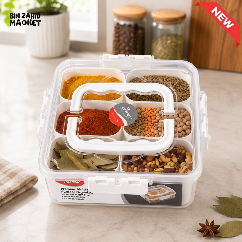 MULTI-COMPARTMENT AIRTIGHT SPICE STORAGE BOX WITH HANDLE