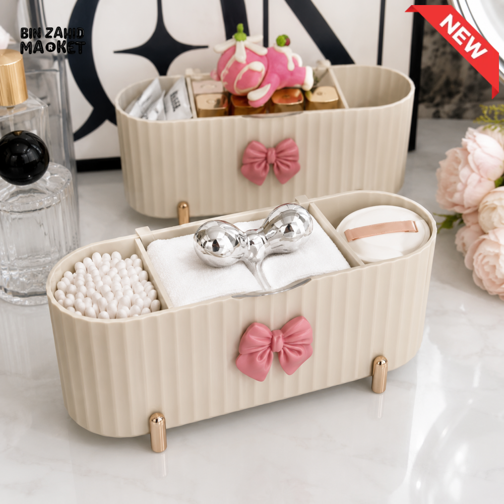 MULTI-COMPARTMENT RIBBED COSMETIC ORGANIZER WITH DECORATIVE BOW
