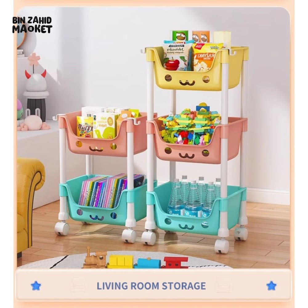 MULTI-LAYER CARTOON SMILEY MOVABLE TROLLEY – 3-LAYER KIDS’ TOY & SNACK STORAGE ORGANIZER SHELF