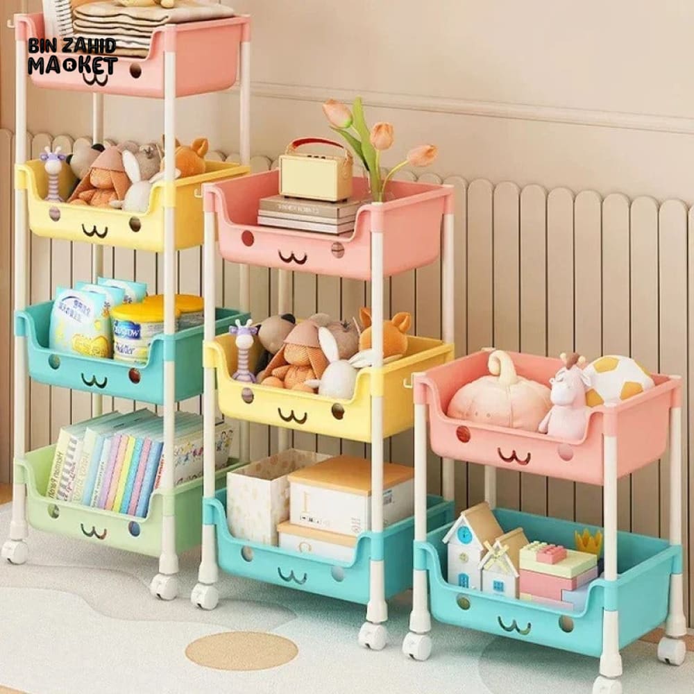 MULTI-LAYER CARTOON SMILEY MOVABLE TROLLEY – 3-LAYER KIDS’ TOY & SNACK STORAGE ORGANIZER SHELF