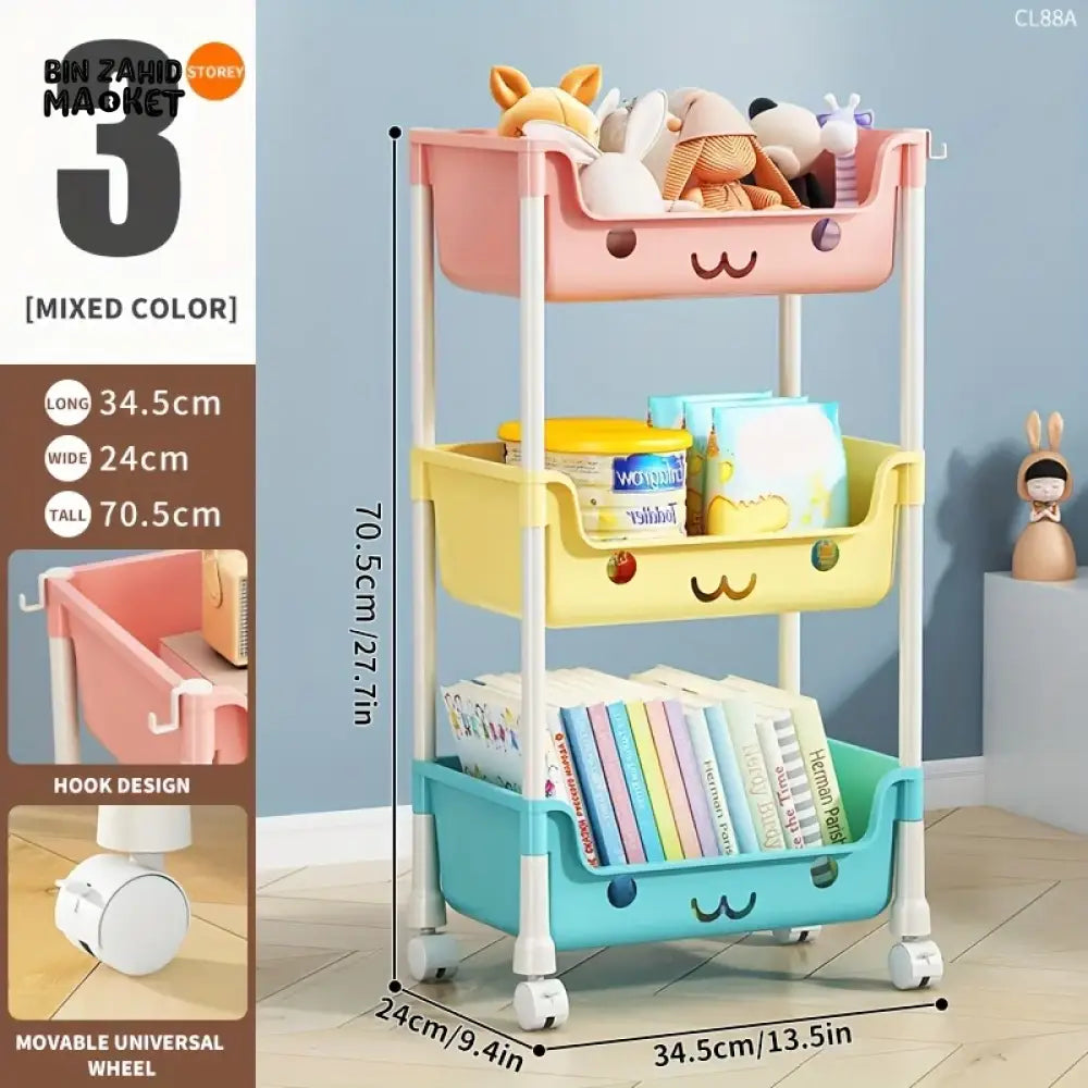 MULTI-LAYER CARTOON SMILEY MOVABLE TROLLEY – 3-LAYER KIDS’ TOY & SNACK STORAGE ORGANIZER SHELF
