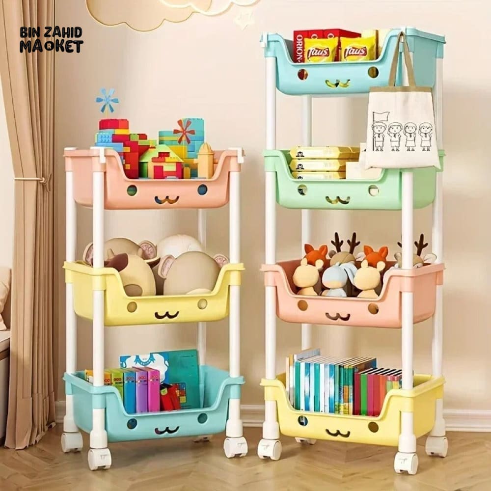 MULTI-LAYER CARTOON SMILEY MOVABLE TROLLEY – 3-LAYER KIDS’ TOY & SNACK STORAGE ORGANIZER SHELF