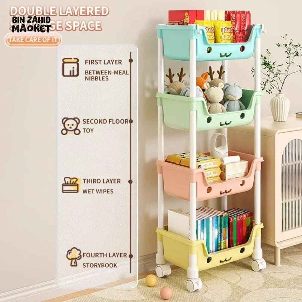MULTI-LAYER CARTOON SMILEY MOVABLE TROLLEY – 3-LAYER KIDS’ TOY & SNACK STORAGE ORGANIZER SHELF