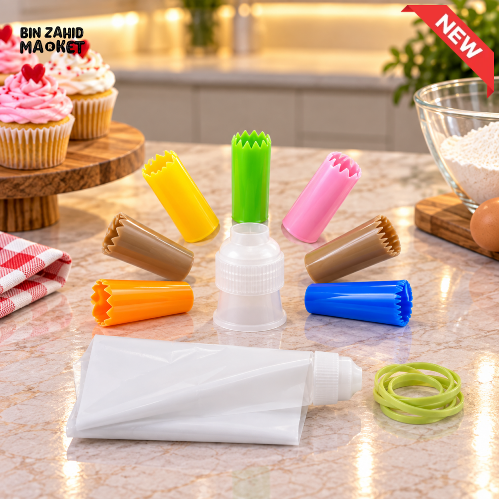MULTI-PIECE REUSABLE CAKE DECORATING PIPING BAG AND NOZZLE SET
