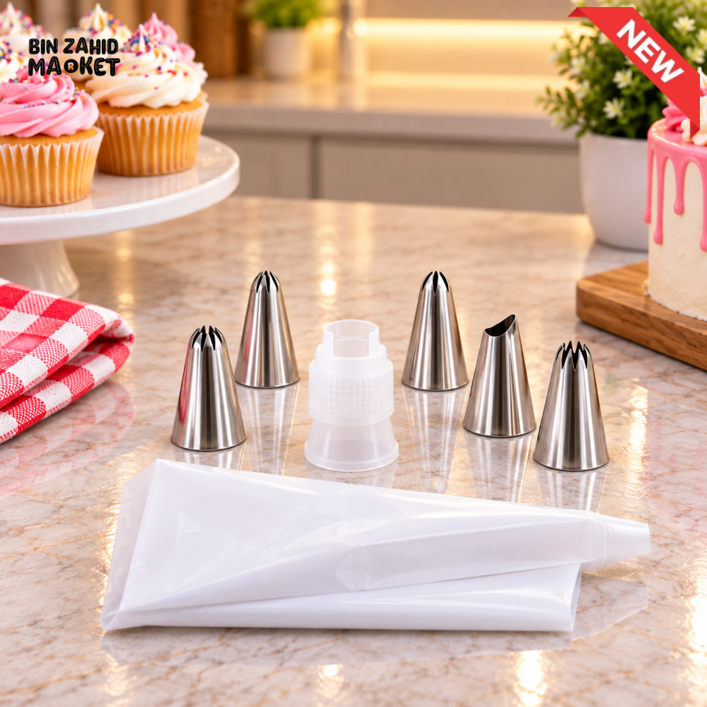MULTI-PIECE STAINLESS STEEL CAKE DECORATING PIPING NOZZLE SET WITH PASTRY BAG