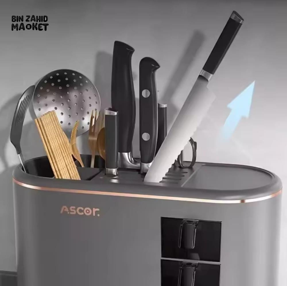 MULTI-PURPOSE KNIFE & CHOPSTICKS HOLDER WITH SEASONING BOX – KITCHEN UTENSIL DRYING RACK & CUTLERY STORAGE CYLINDER
