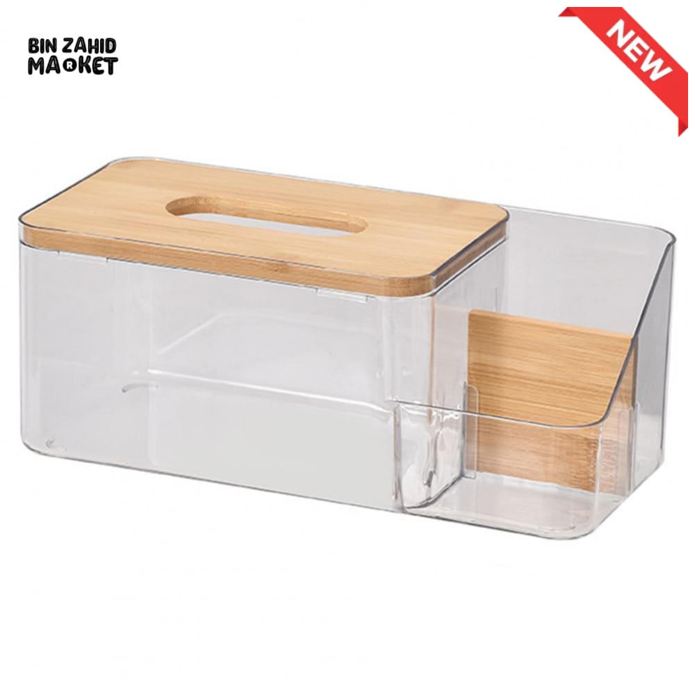 MULTI-PURPOSE TISSUE BOX WITH WOODEN COVER – ROUND OPENING NAPKIN HOLDER WITH REMOTE ORGANIZER