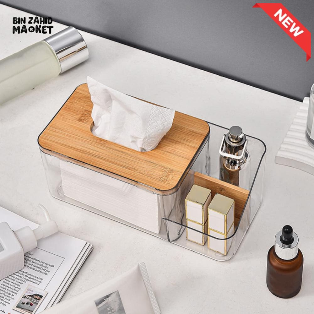 MULTI-PURPOSE TISSUE BOX WITH WOODEN COVER – ROUND OPENING NAPKIN HOLDER WITH REMOTE ORGANIZER