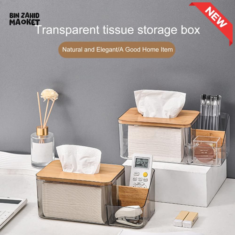 MULTI-PURPOSE TISSUE BOX WITH WOODEN COVER – ROUND OPENING NAPKIN HOLDER WITH REMOTE ORGANIZER