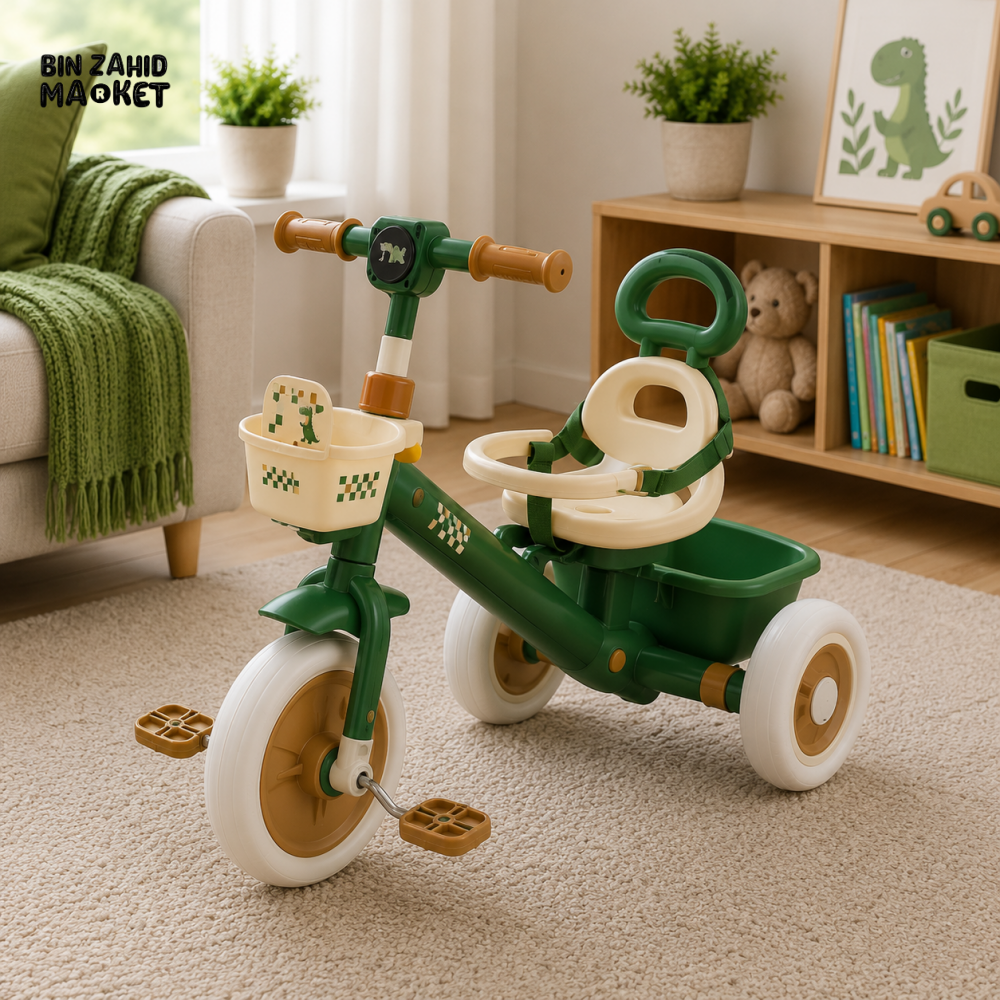 MULTIFUNCTIONAL BABY TRICYCLE WITH SAFETY RAIL - GREEN
