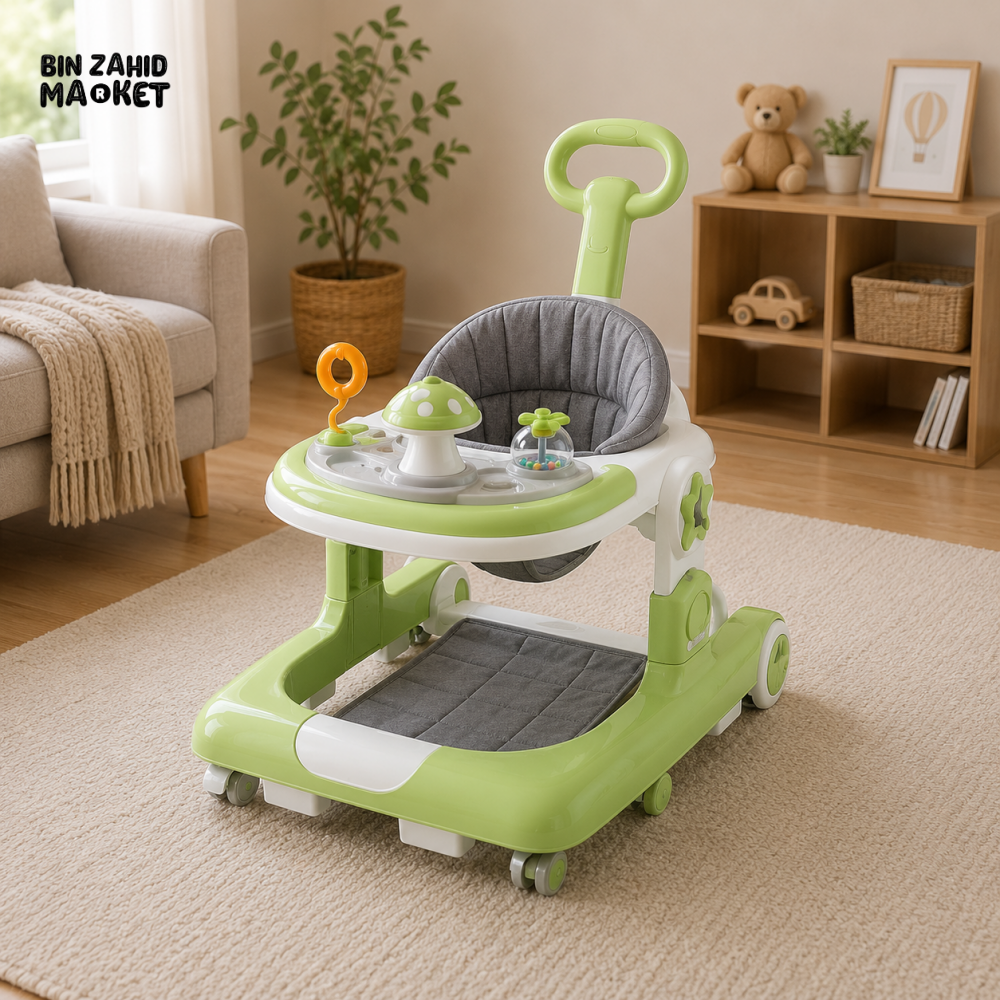 MULTIFUNCTIONAL BABY WALKER WITH PUSH HANDLE - GREEN