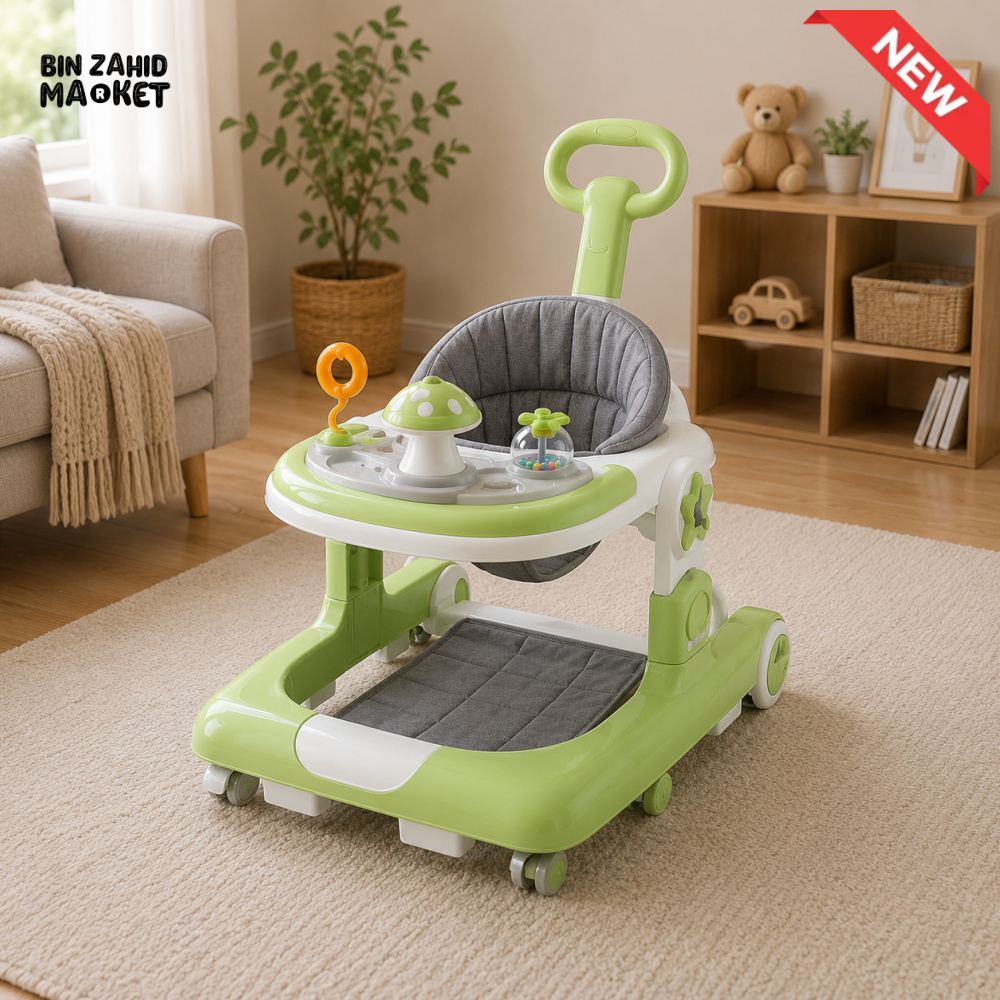 MULTIFUNCTIONAL BABY WALKER WITH PUSH HANDLE - GREEN