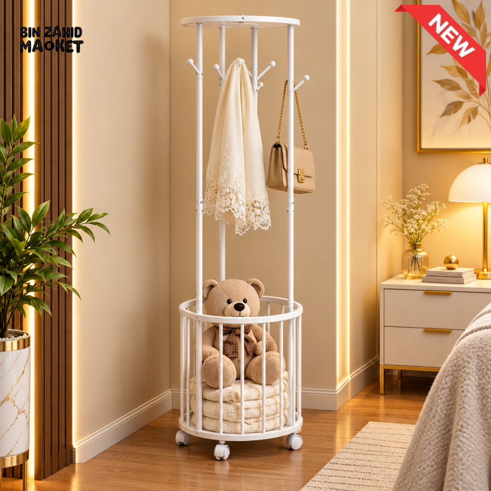 MULTIFUNCTIONAL FLOOR STANDING CLOTHES RACK WITH STORAGE BASKET
