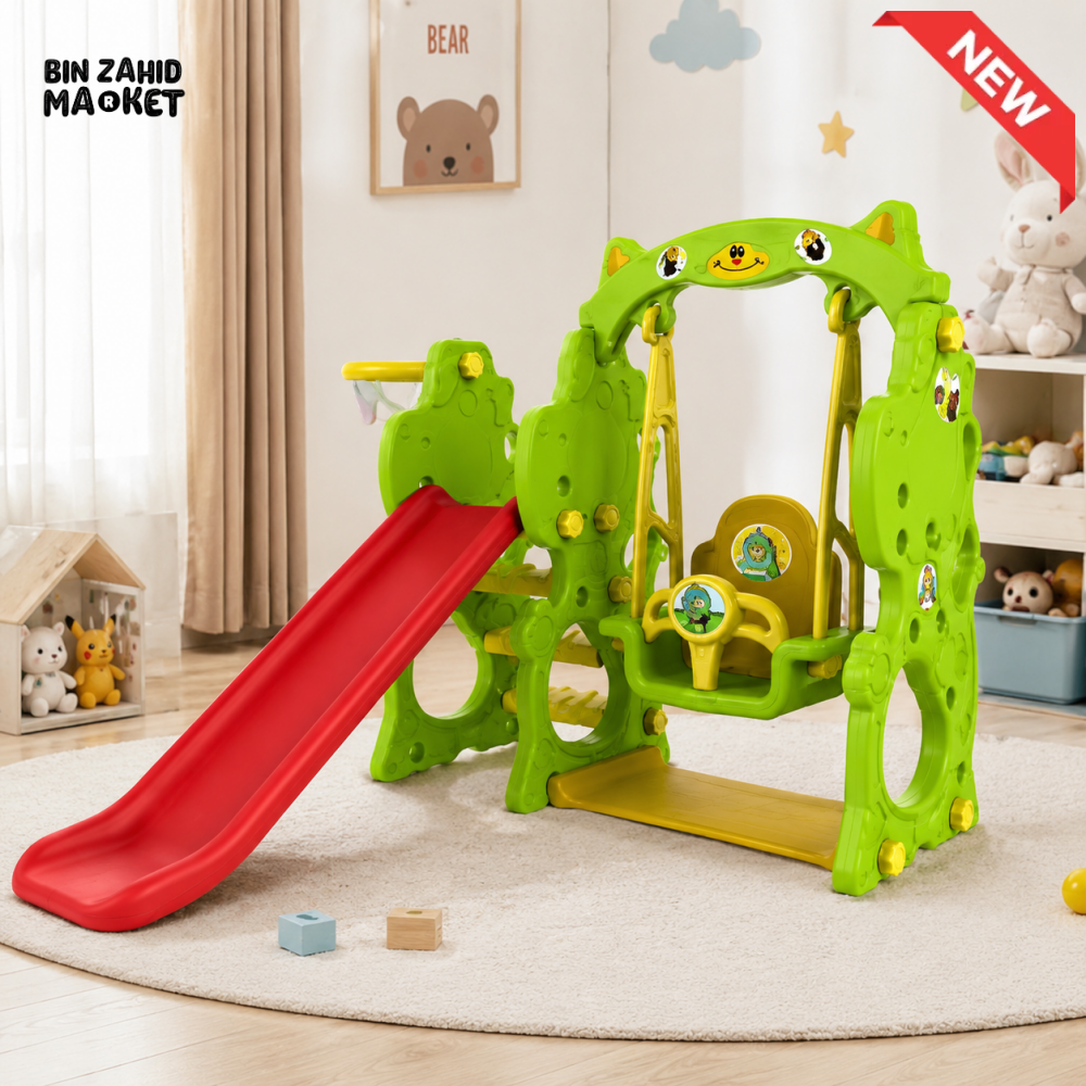 MULTIFUNCTIONAL KIDS SLIDE AND SWING PLAYSET WITH BASKETBALL HOOP