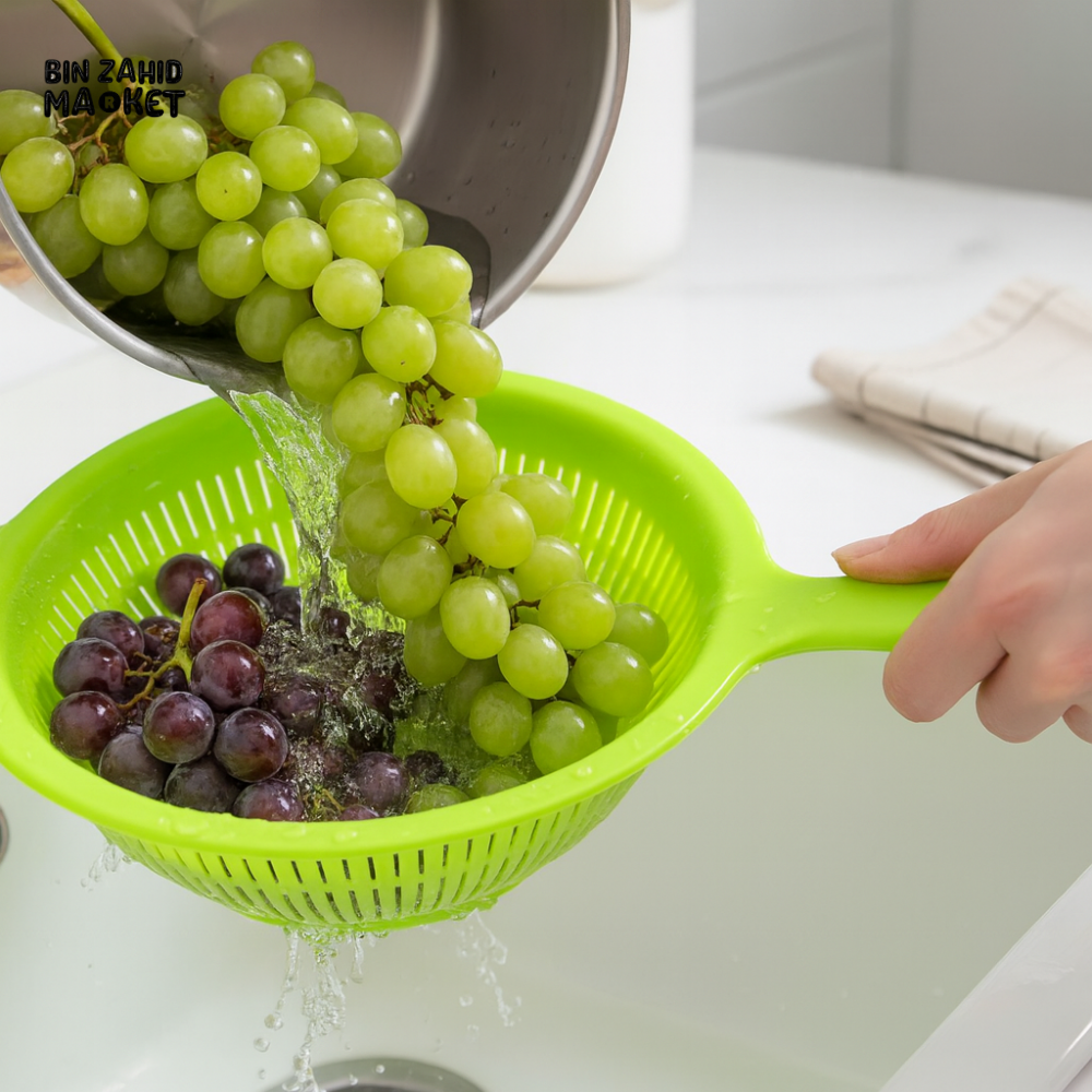 MULTIFUNCTIONAL KITCHEN STRAINER – VEGETABLE FRUIT AND RICE WASHING BASKET WITH HANDLE