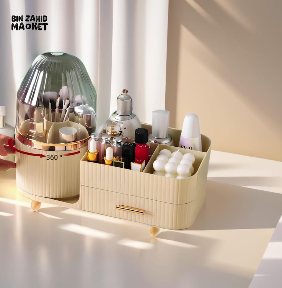 MULTIFUNCTIONAL MAKEUP ORGANIZER WITH DUSTPROOF COVER – VANITY STORAGE DRAWER BOX FOR COSMETICS & BRUSHES