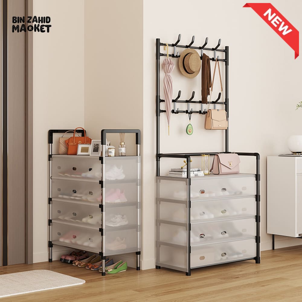 5-LAYER MULTIFUNCTIONAL SHOE STORAGE COAT RACK – FLOOR-STANDING ENTRYWAY HANGER AND SIMPLE SHOE CABINET ORGANIZER