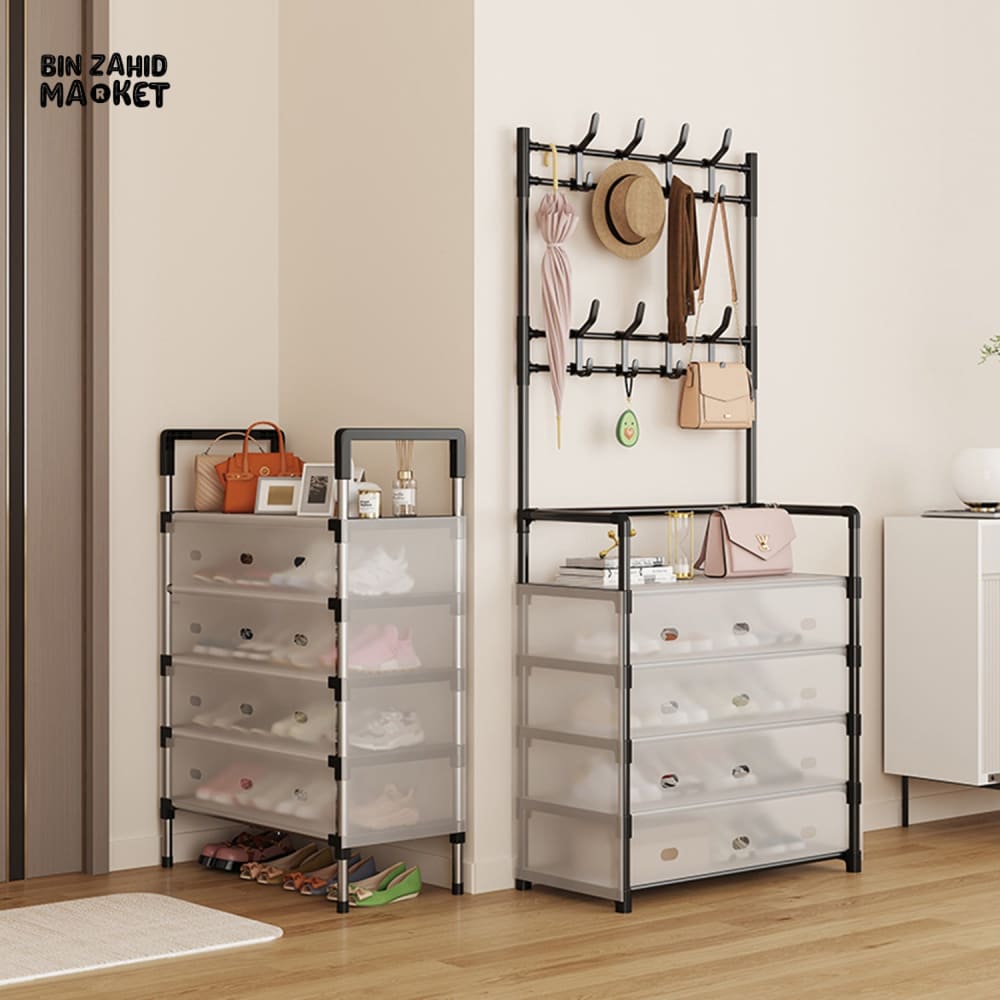 5-LAYER MULTIFUNCTIONAL SHOE STORAGE COAT RACK – FLOOR-STANDING ENTRYWAY HANGER AND SIMPLE SHOE CABINET ORGANIZER