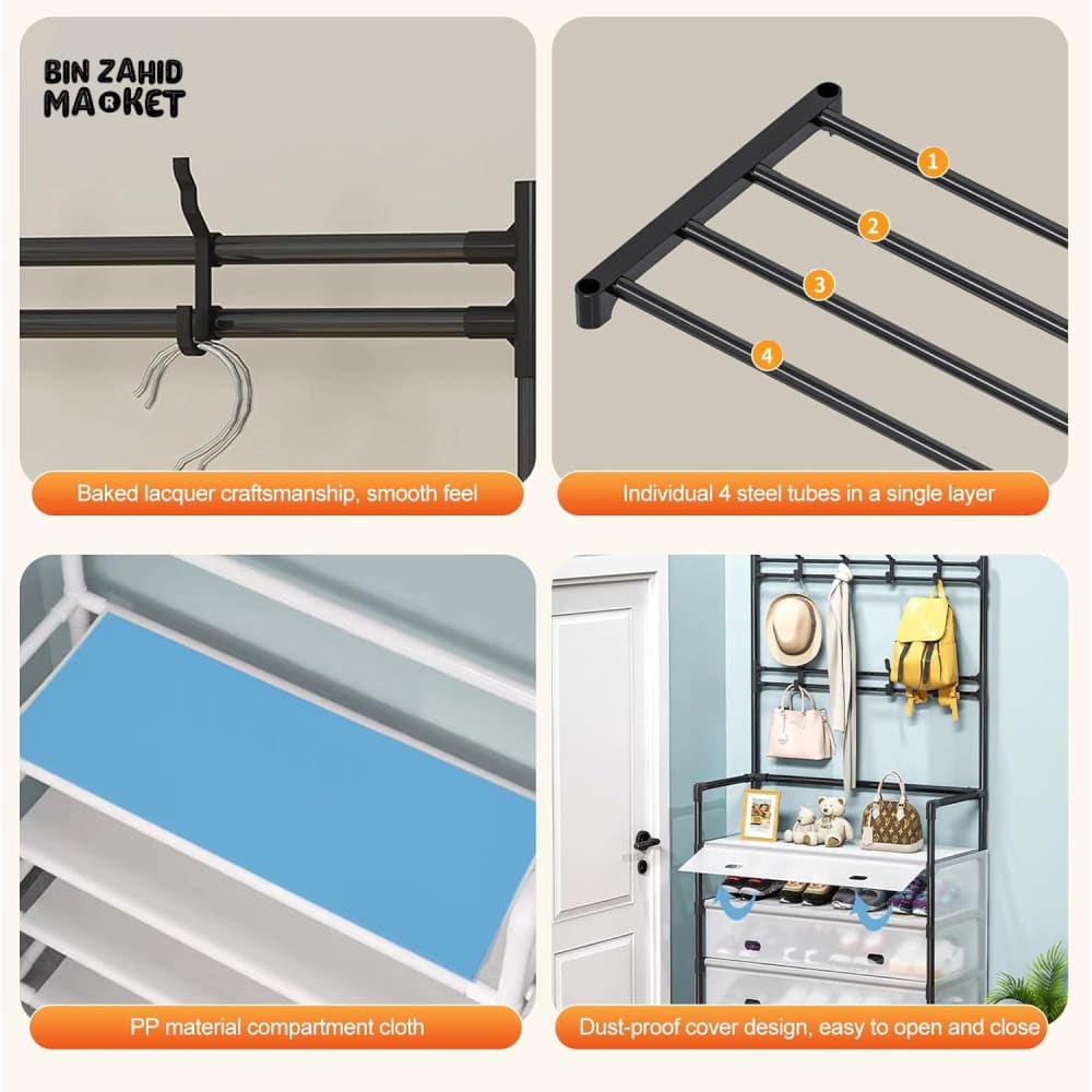 5-LAYER MULTIFUNCTIONAL SHOE STORAGE COAT RACK – FLOOR-STANDING ENTRYWAY HANGER AND SIMPLE SHOE CABINET ORGANIZER