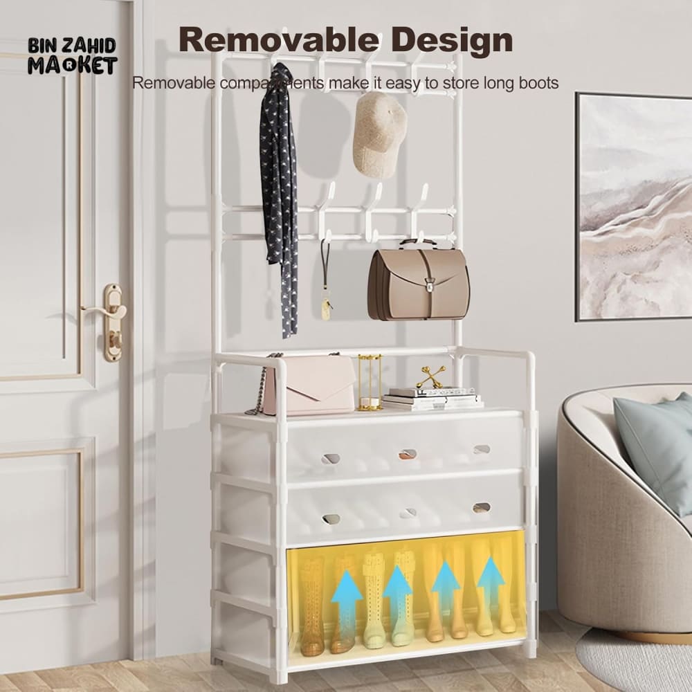 5-LAYER MULTIFUNCTIONAL SHOE STORAGE COAT RACK – FLOOR-STANDING ENTRYWAY HANGER AND SIMPLE SHOE CABINET ORGANIZER