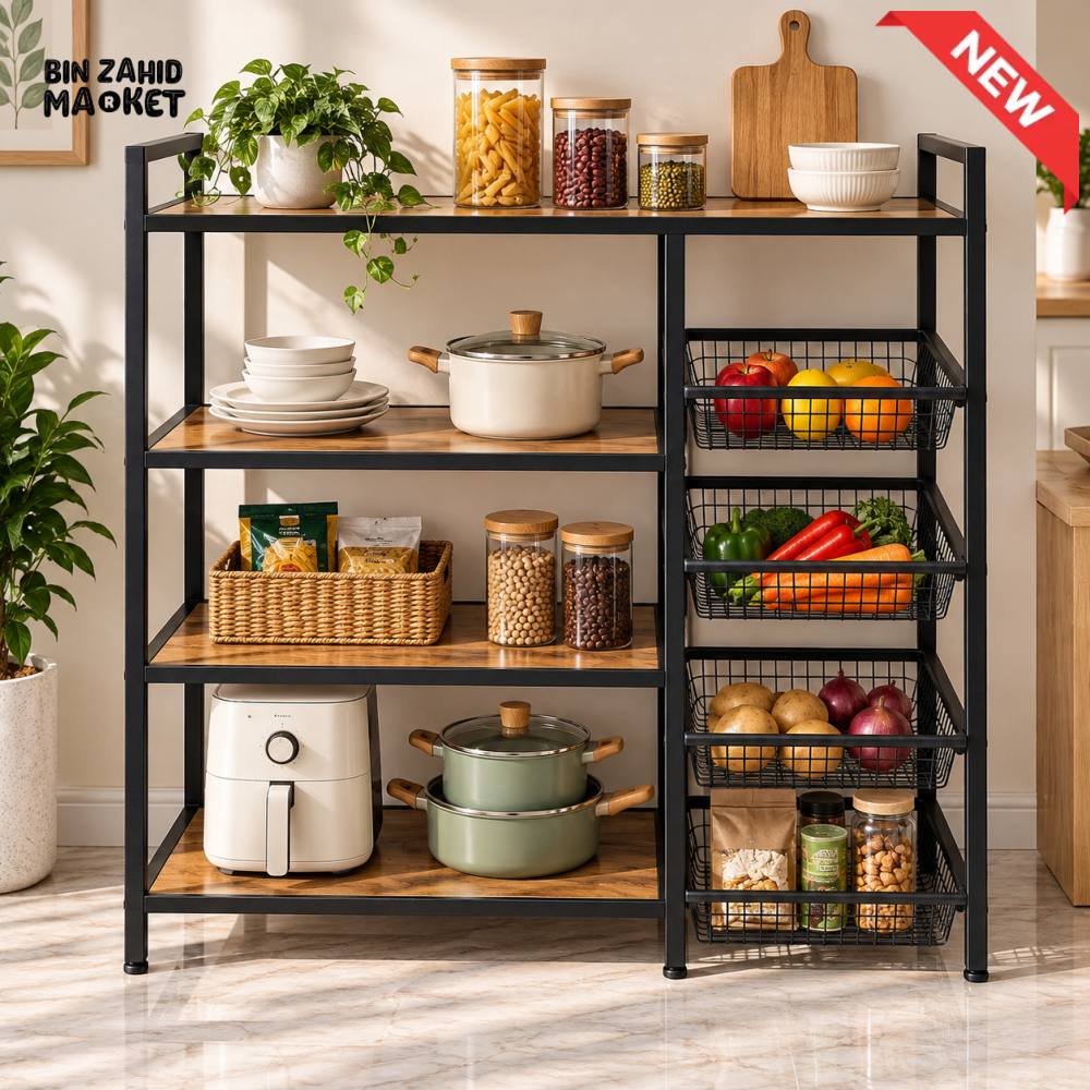 MULTIPURPOSE 4-TIER KITCHEN STORAGE RACK WITH 5 WIRE BASKETS