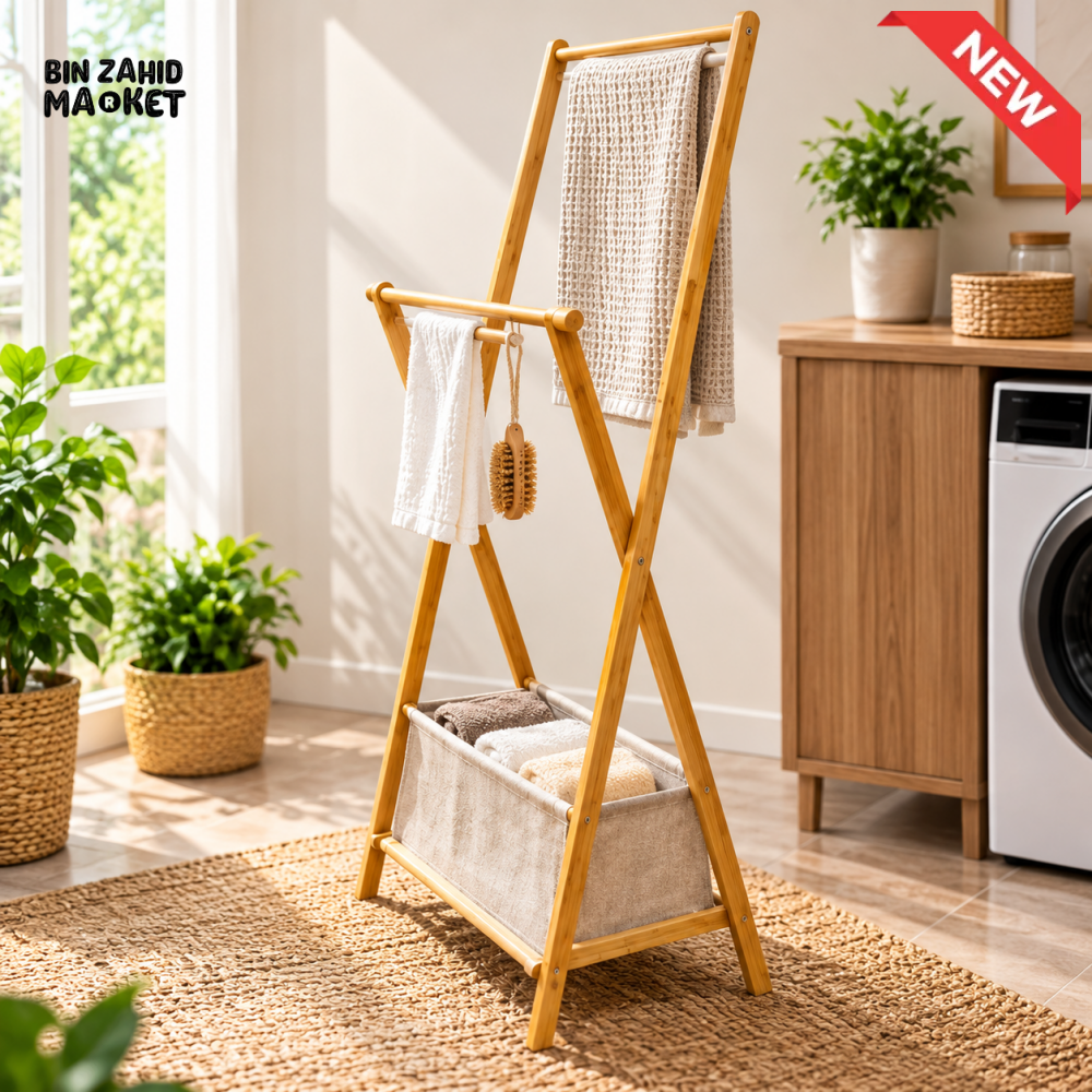 MULTIPURPOSE BAMBOO FOLDING STORAGE & TOWEL ORGANIZER RACK WITH FABRIC BASKET