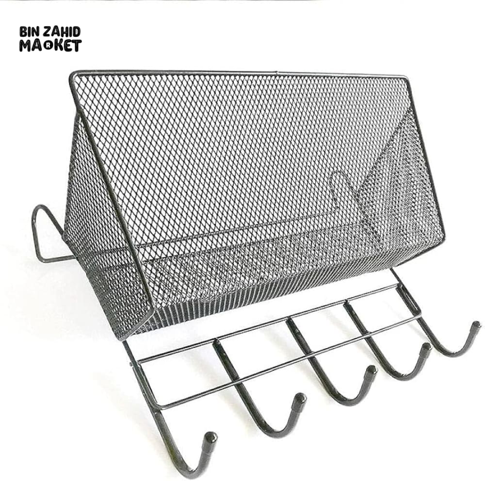 MULTIPURPOSE IRON MESH HANGING RACK WITH HOOKS – WALL-MOUNT STORAGE ORGANIZER