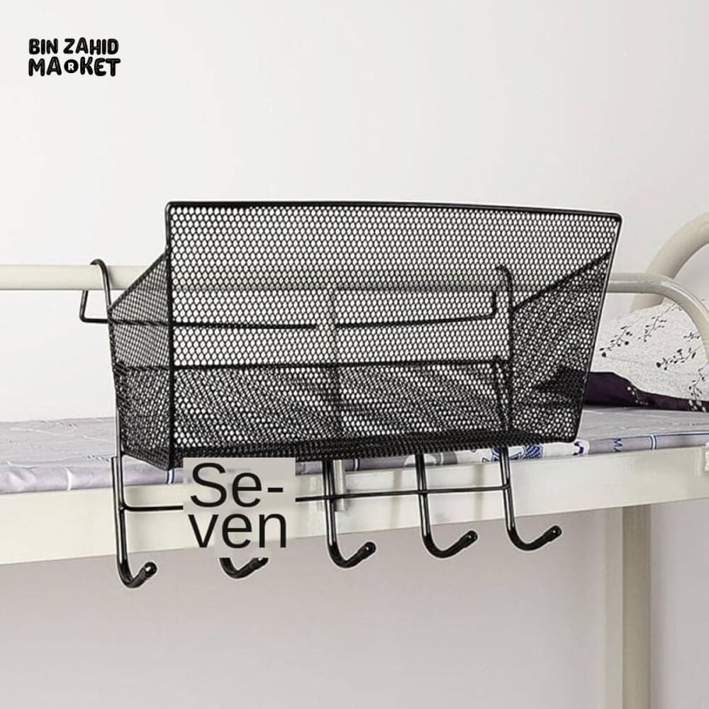 MULTIPURPOSE IRON MESH HANGING RACK WITH HOOKS – WALL-MOUNT STORAGE ORGANIZER