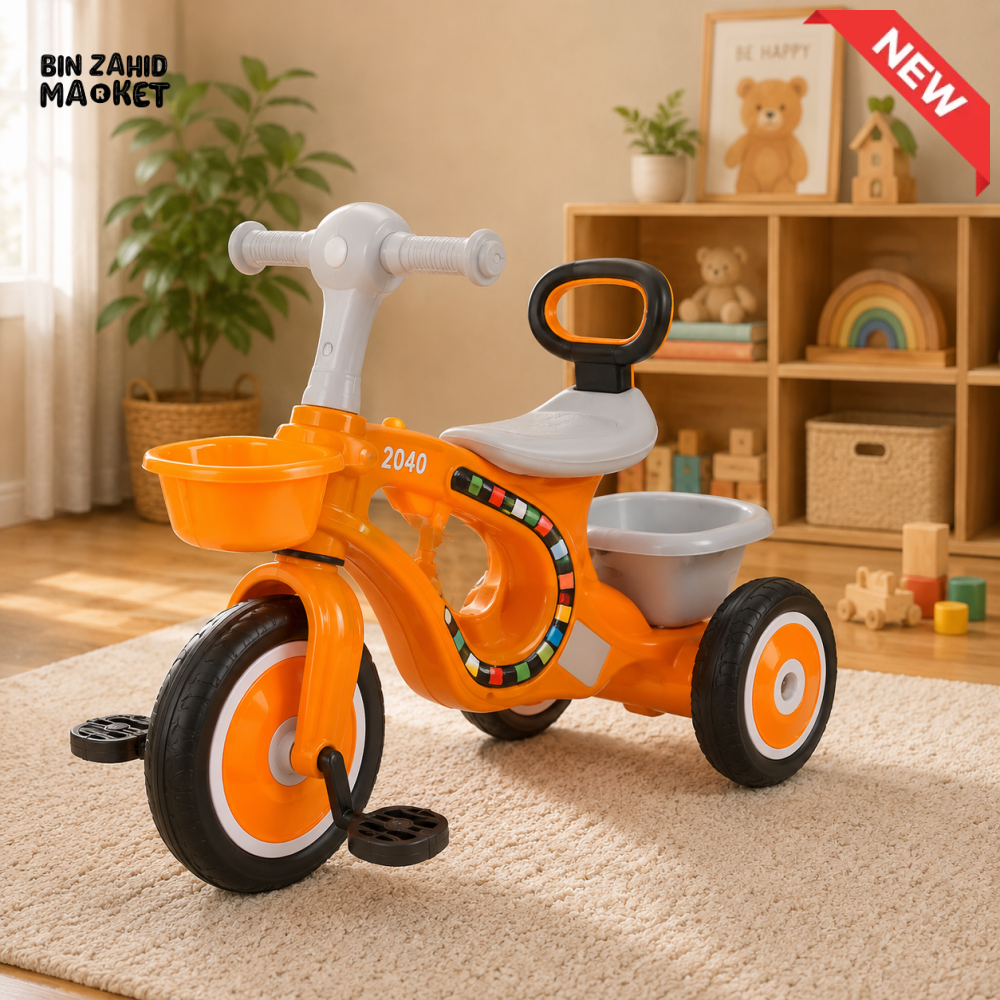 MUSICAL KIDS TRICYCLE WITH STORAGE BASKET - ORANGE