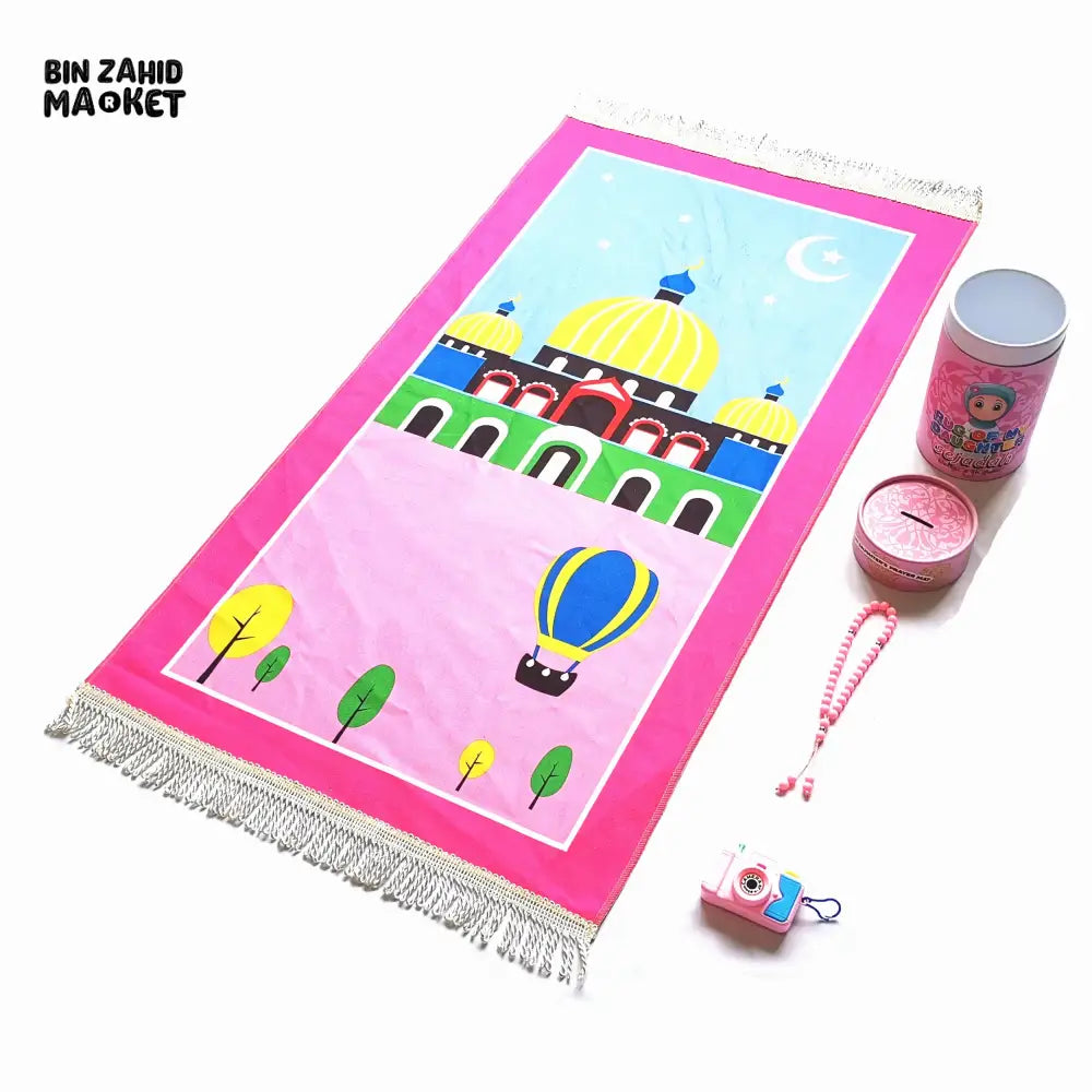 MY KIDS SPECIAL PRAYER MAT + TASBEEH + IMAGES CAMERA + COIN BOX SET Pink / 50x95cm