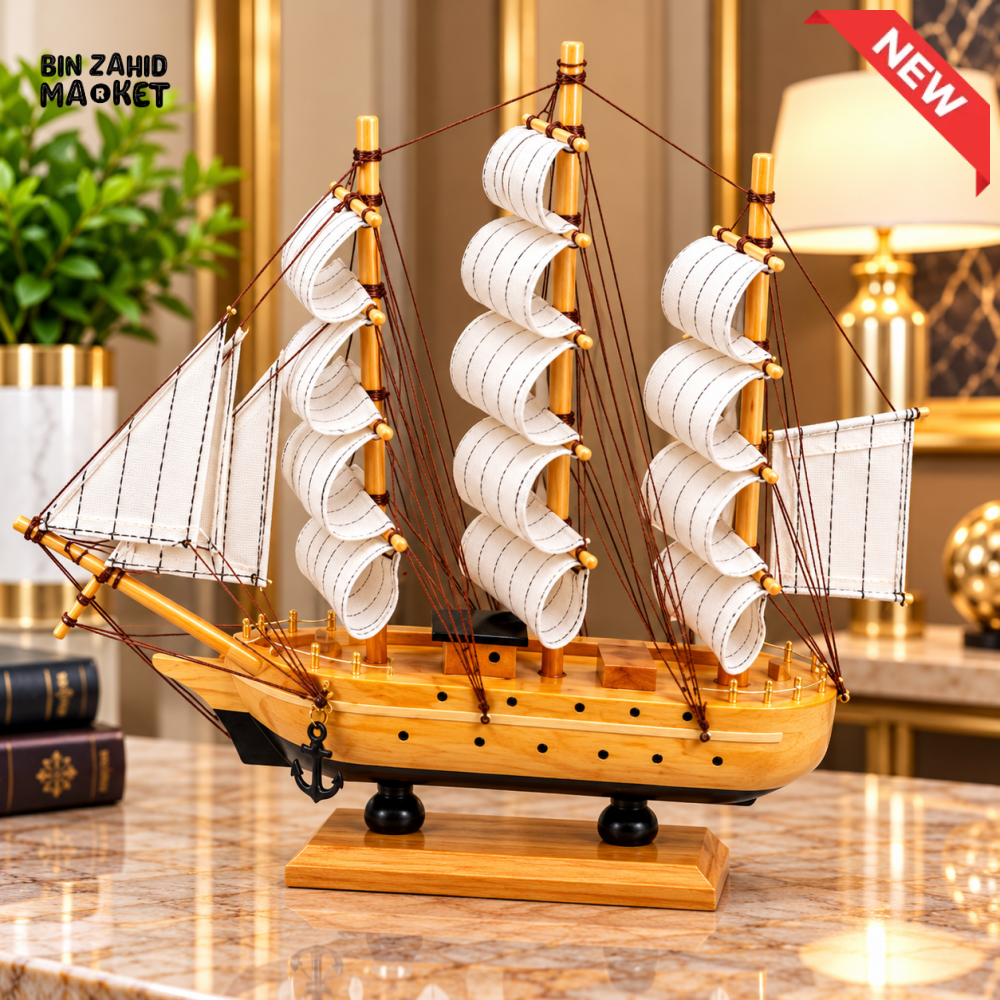 NATURAL WOOD THREE MAST SAILING SHIP DECORATIVE SHOWPIECE