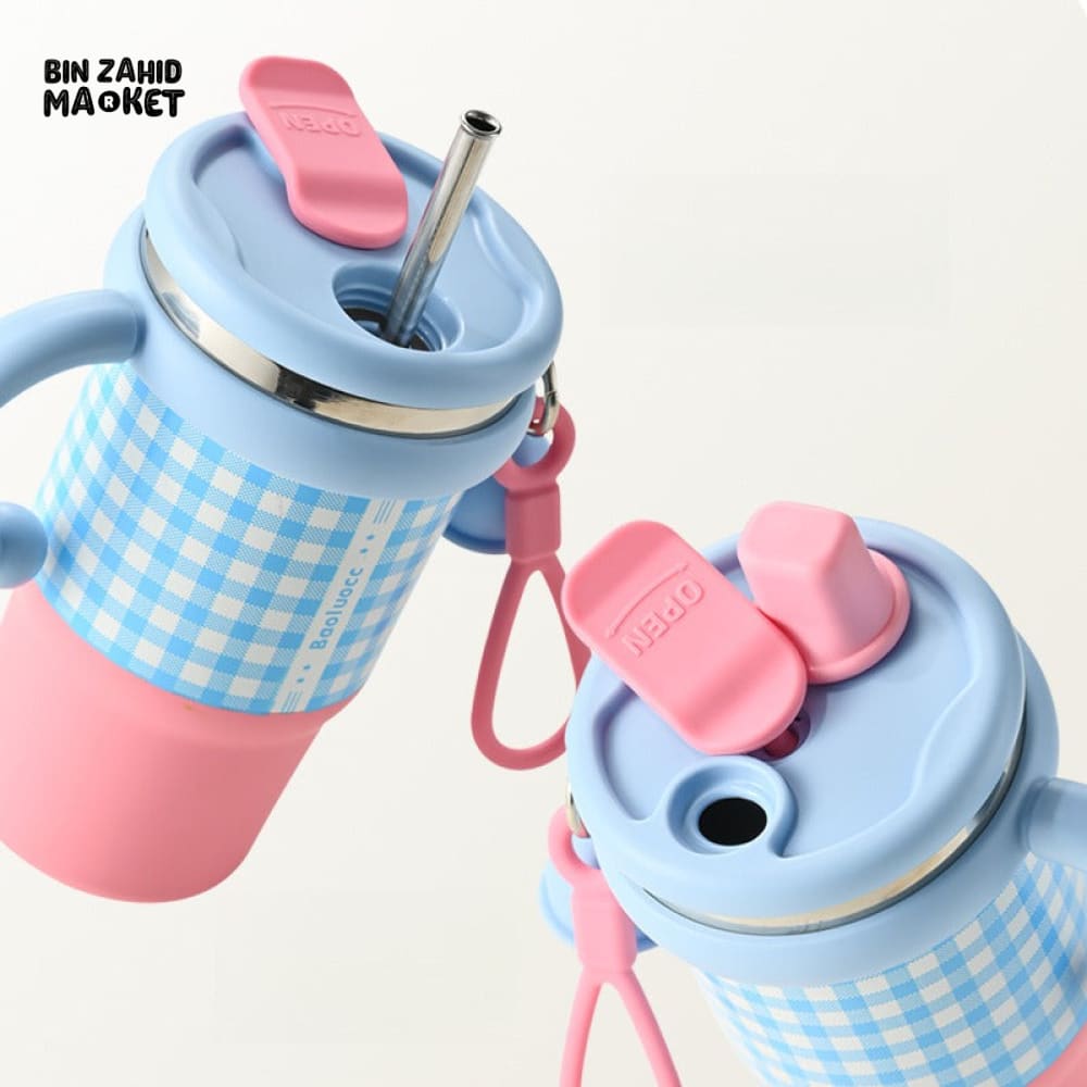 NEW STYLE LITTLE ICE BA CUP – FASHIONABLE CHECKERED STAINLESS STEEL INSULATED STRAW CUP FOR WOMEN HIGH-QUALITY LARGE CAPACITY DUAL DRINK TUMBLER