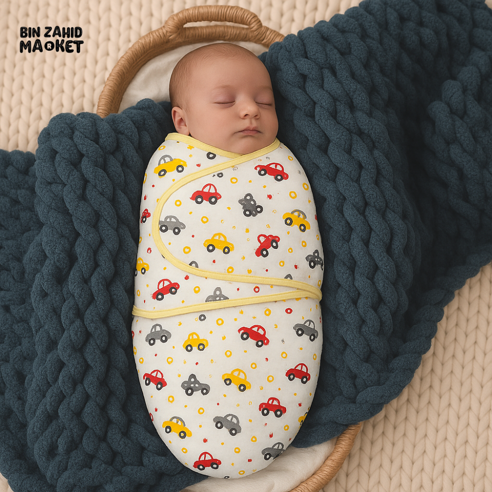 NEWBORN BABY SWADDLE WRAP – COTTON SWADDLING BLANKET WITH CUTE CAR PRINT FOR INFANTS