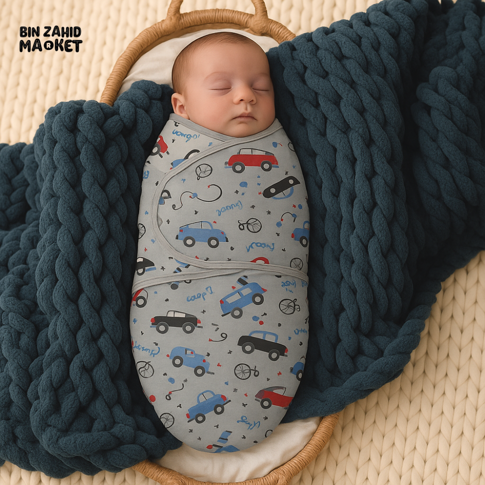 NEWBORN BABY SWADDLE WRAP – GREY COTTON SWADDLING BLANKET WITH AIRPLANE & VEHICLE PRINT FOR INFANTS