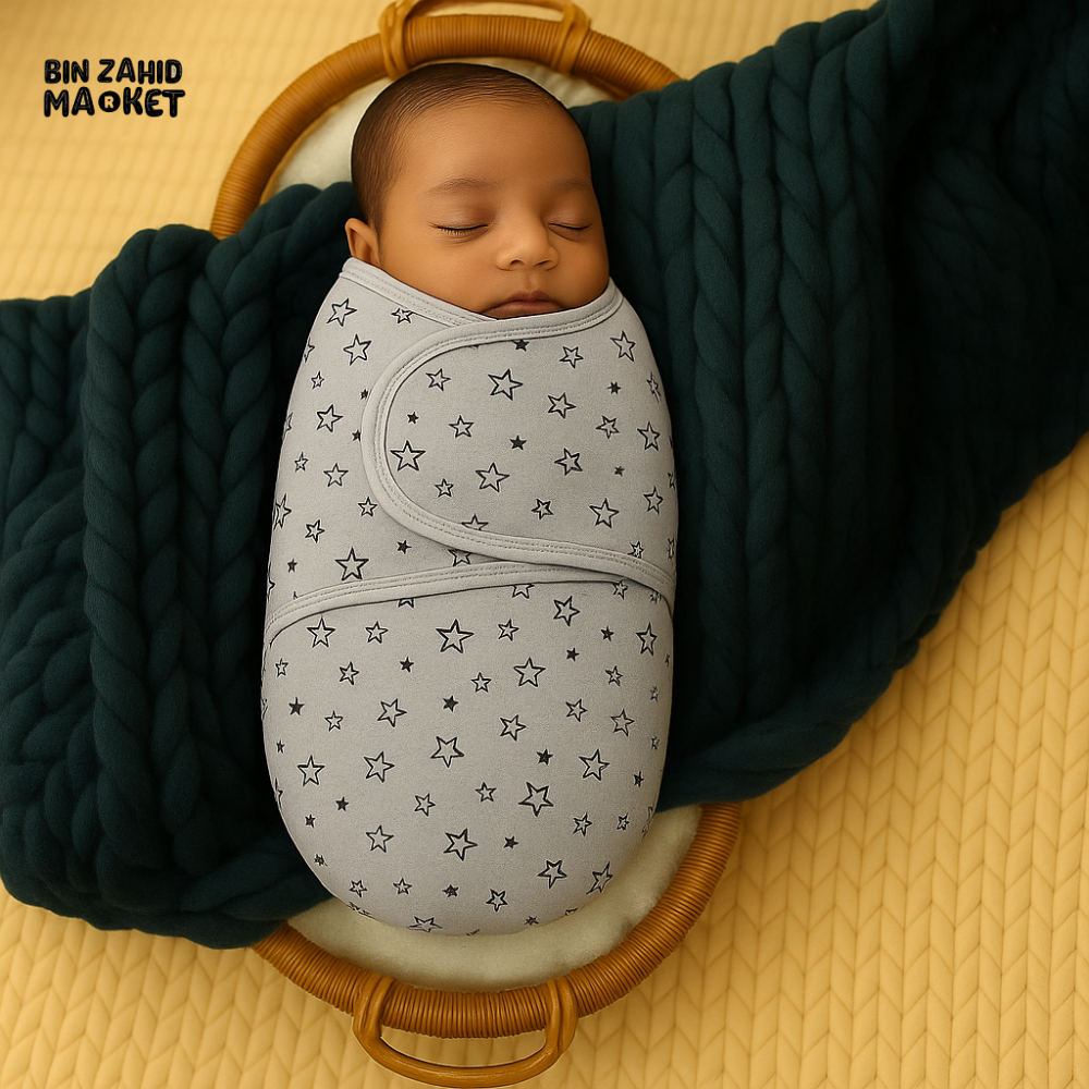 NEWBORN BABY SWADDLE WRAP – GREY STAR PRINT – COTTON – ADJUSTABLE VELCRO CLOSURE