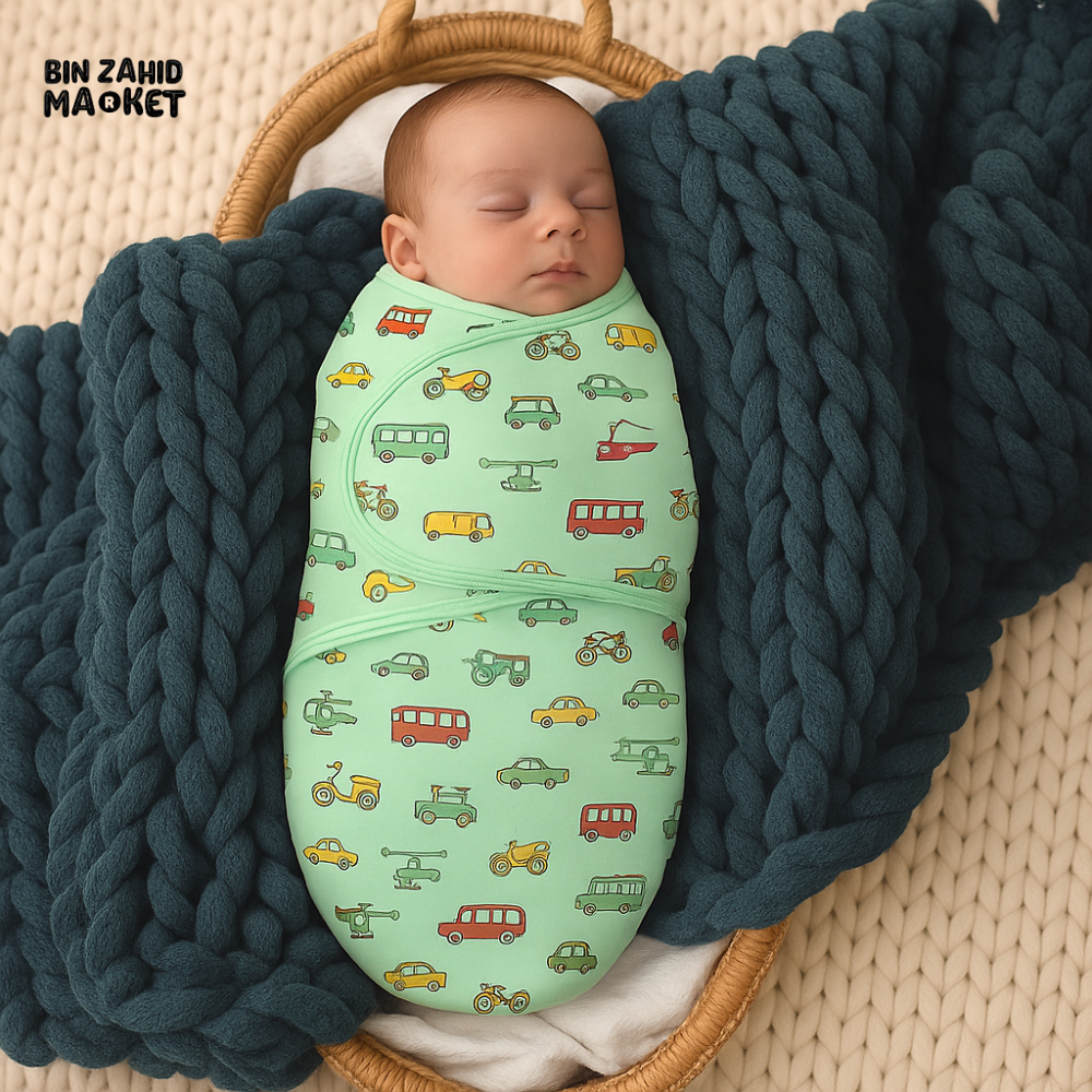 NEWBORN BABY SWADDLE WRAP – MINT GREEN COTTON SWADDLING BLANKET WITH TRANSPORT PRINT FOR INFANTS