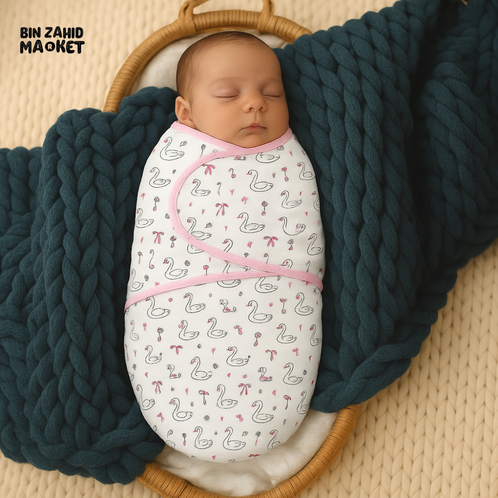 NEWBORN BABY SWADDLE WRAP – PINK SWAN PRINT – COTTON FABRIC