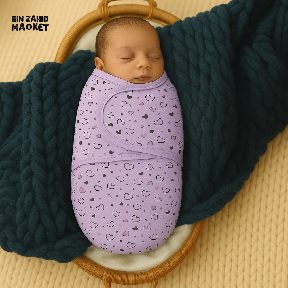 NEWBORN BABY SWADDLE WRAP – PURPLE HEART PRINT COTTON
