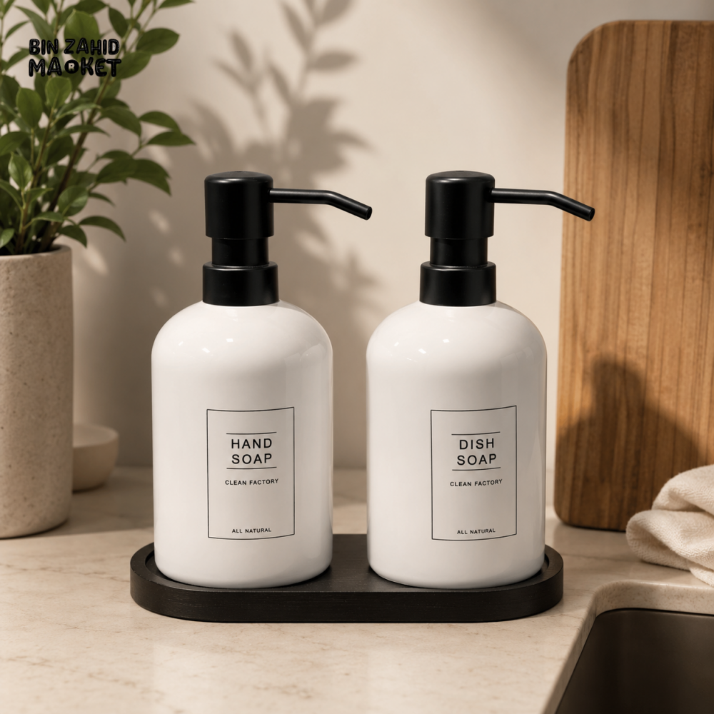 NORDIC CERAMIC SOAP DISPENSER DUO WITH WOODEN TRAY