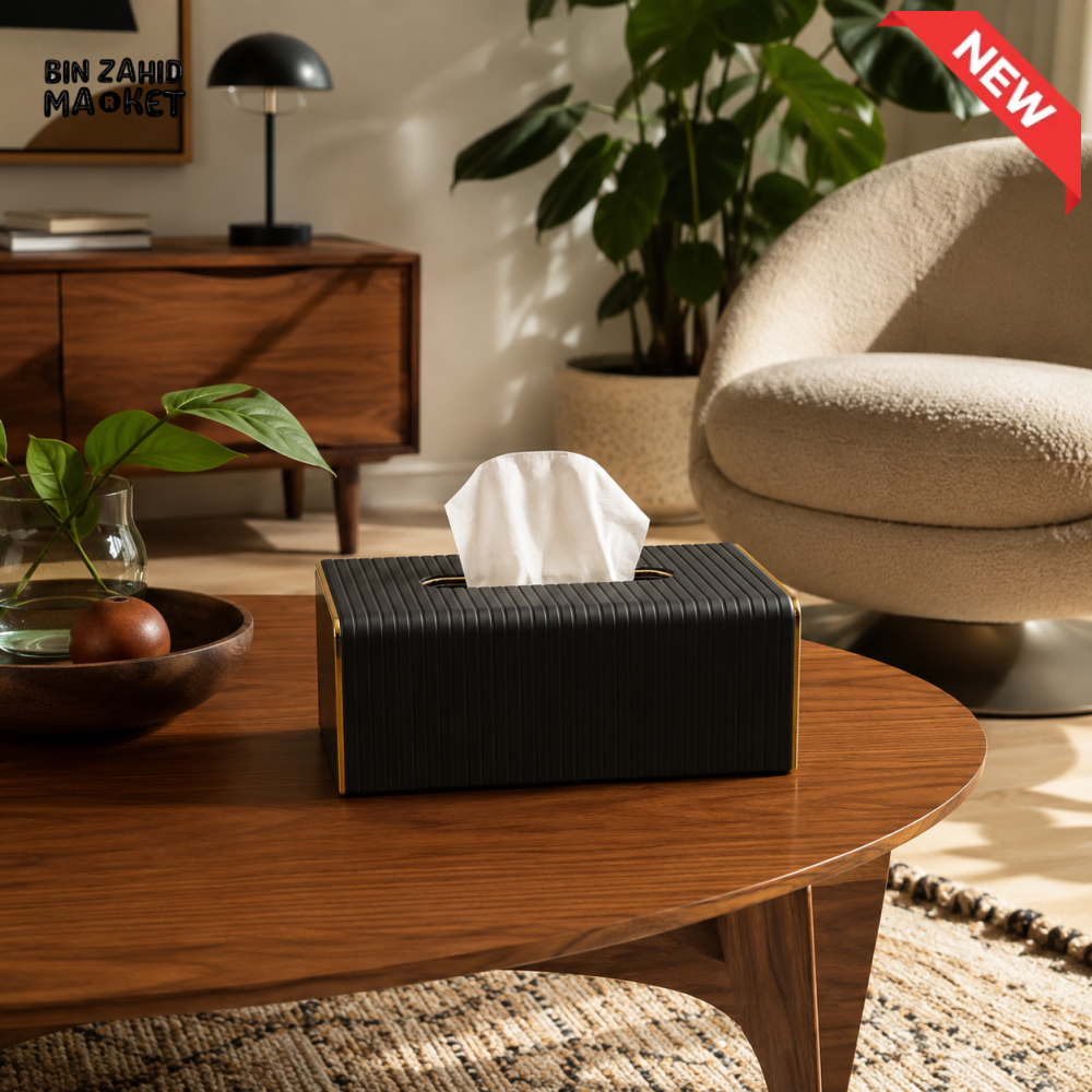 NORDIC WOOD & LEATHER TISSUE BOX COVER - BLACK