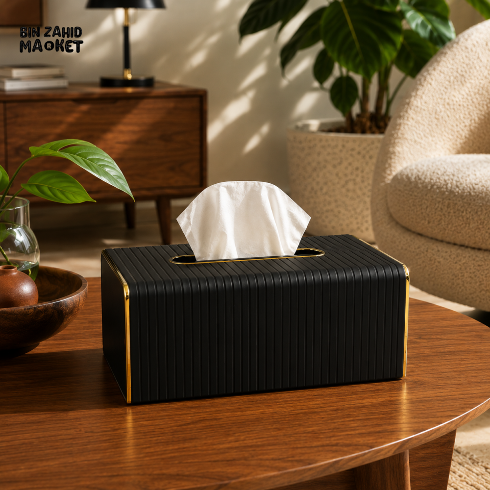 NORDIC WOOD & LEATHER TISSUE BOX COVER - BLACK