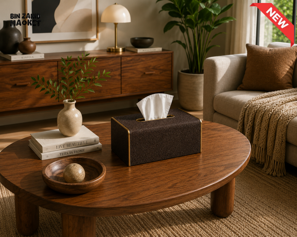 NORDIC WOOD & LEATHER TISSUE BOX COVER - DARK COCOA