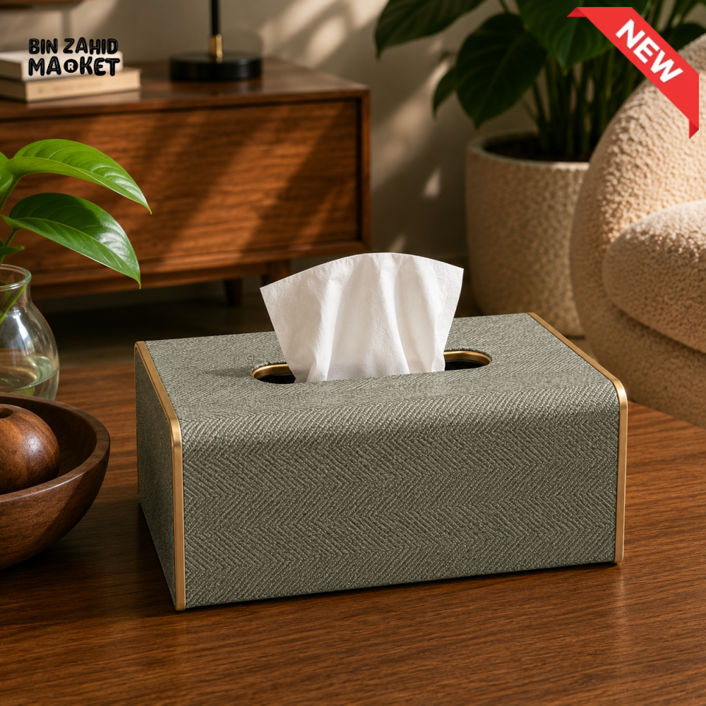 NORDIC WOOD & LEATHER TISSUE BOX COVER - SAGE GREEN