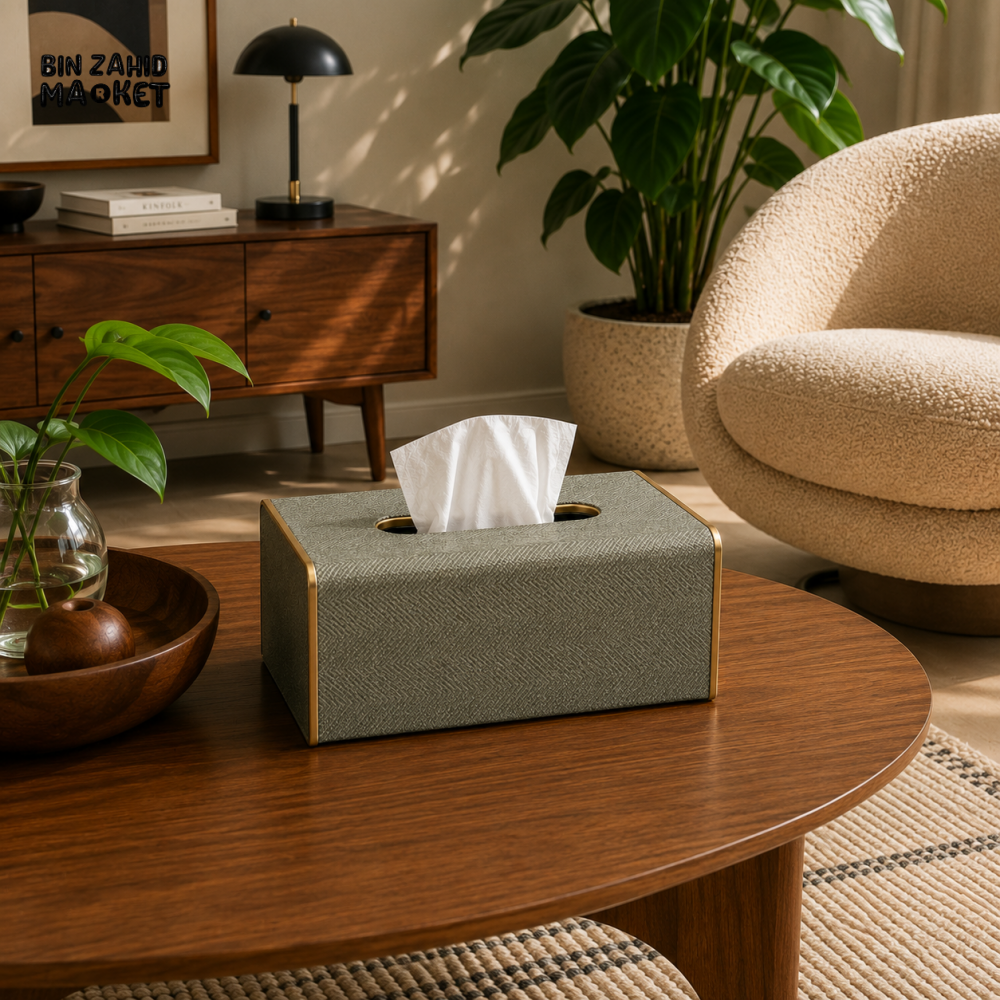 NORDIC WOOD & LEATHER TISSUE BOX COVER - SAGE GREEN