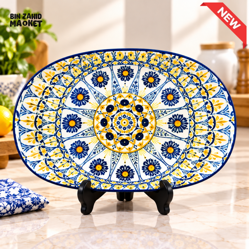 OVAL CERAMIC SERVING PLATTER WITH BLUE AND GOLD MANDALA DESIGN - Platters