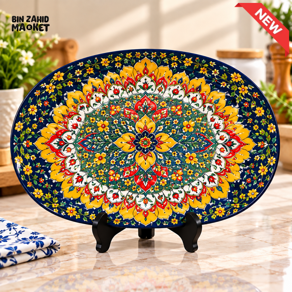 OVAL CERAMIC SERVING PLATTER WITH MULTICOLOR FLORAL MANDALA DESIGN - Platters