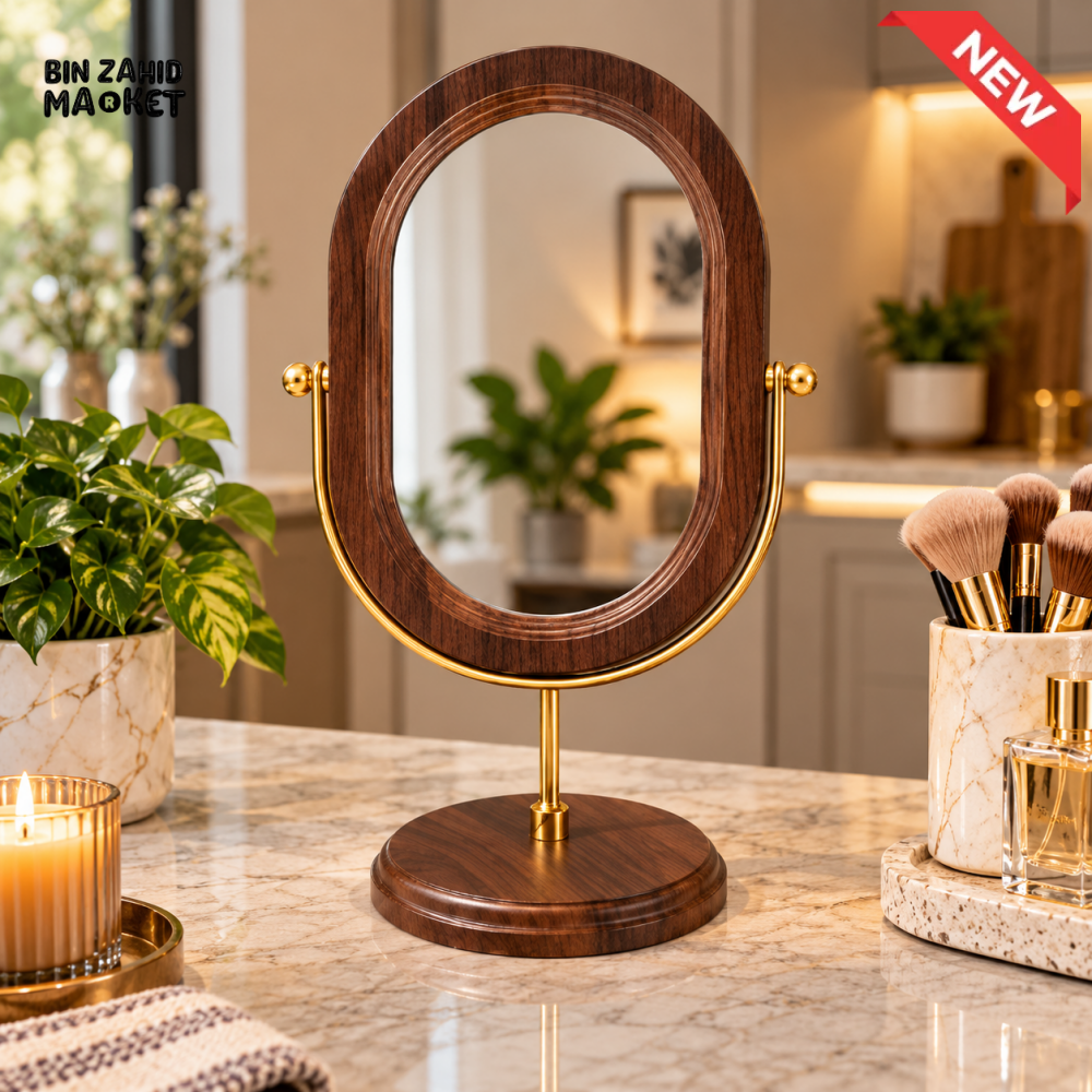OVAL WOODEN TABLETOP VANITY MIRROR WITH GOLD STAND